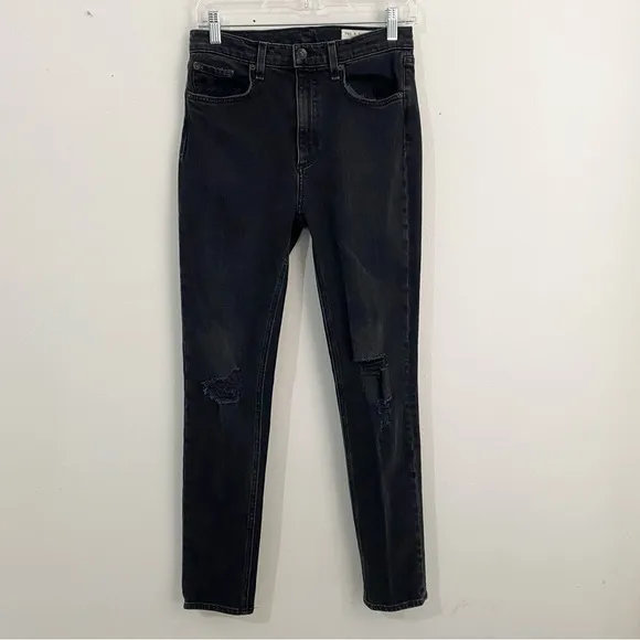 Rag &amp; Bone Hi Rise Ankle Skinny Jeans in Rock  w/Holes Womens Size 27 Black
