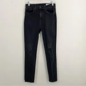 Rag &amp; Bone Hi Rise Ankle Skinny Jeans in Rock  w/Holes Womens Size 27 Black