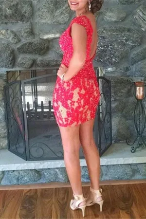 Red Mermaid Lace Beading Sheath Backless Formal Homecoming Prom Dress K469