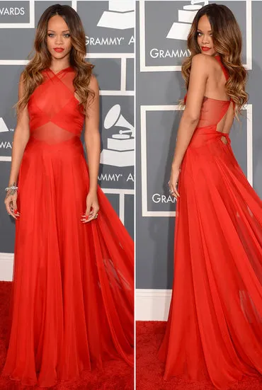 Red Rihanna Sheer Open Back Dress Chiffon Prom Celebrity Formal Red Carpet Dress Grammys
