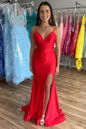 Red V-Neck Open Back Mermaid Long Prom Dress with Slit TP1233
