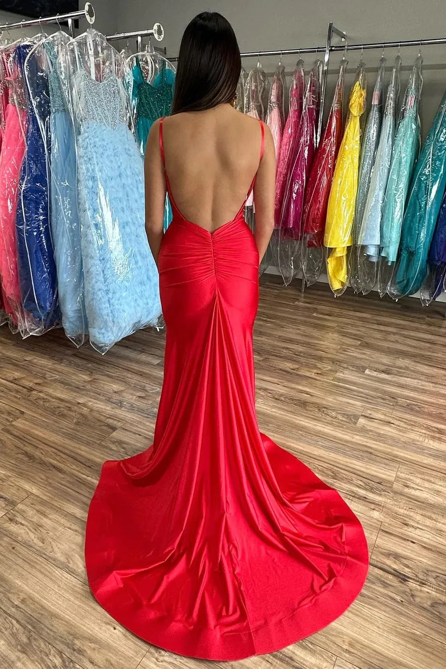Red V-Neck Open Back Mermaid Long Prom Dress with Slit TP1233