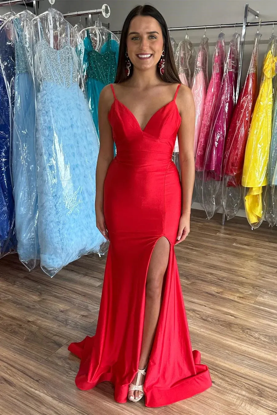 Red V-Neck Open Back Mermaid Long Prom Dress with Slit TP1233