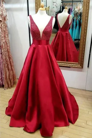 Red V-Neck Quinceanera Dresses Beading Long Prom Dress TP0150