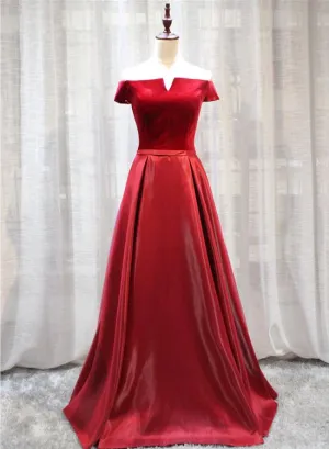 Red Velvet and Satin Long Off Shoulder Formal Dress, Beautiful Prom Dress