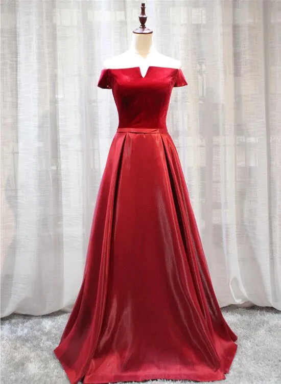 Red Velvet and Satin Long Off Shoulder Formal Dress, Beautiful Prom Dress