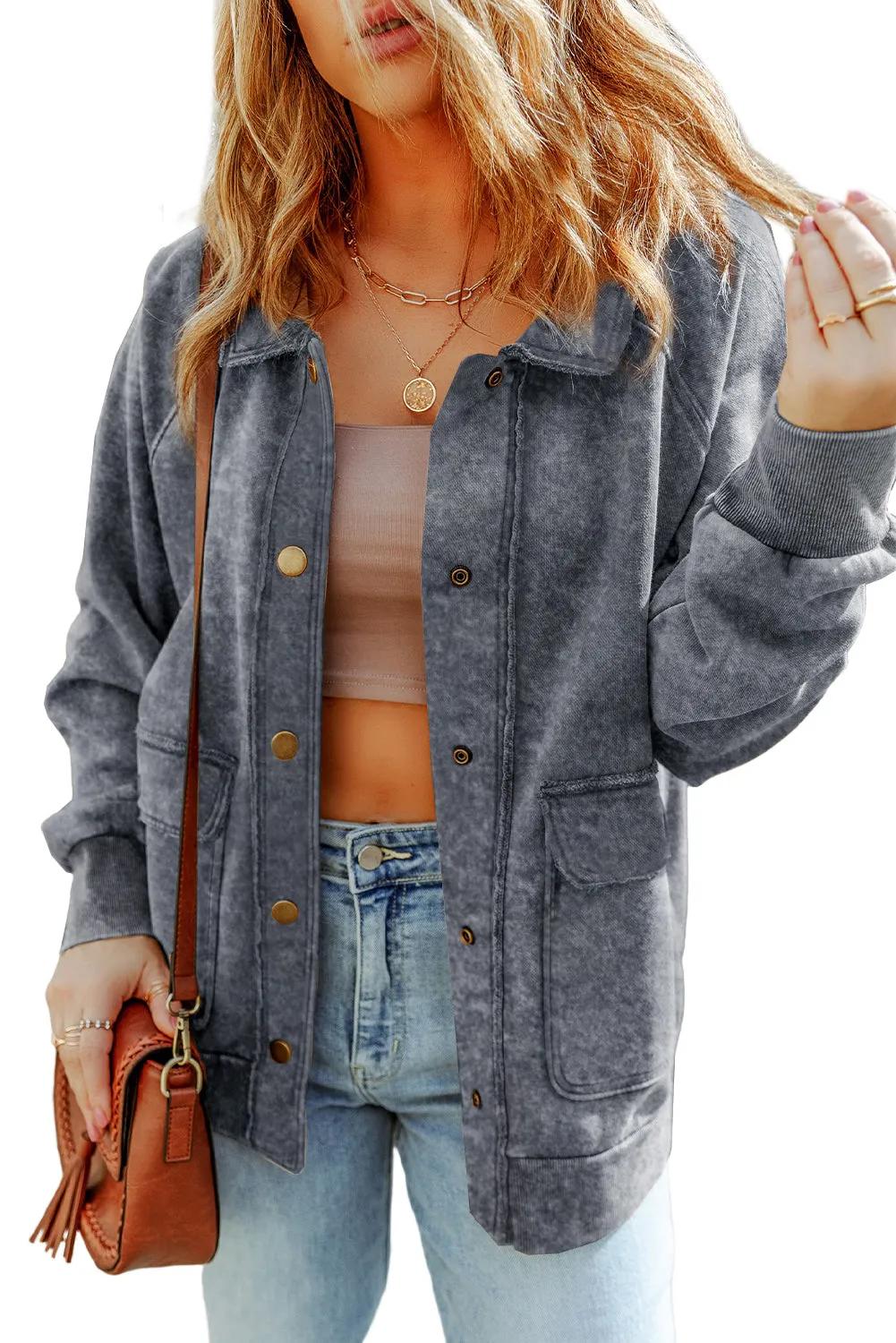 Red Vintage Washed Flap Pocket Button Shacket