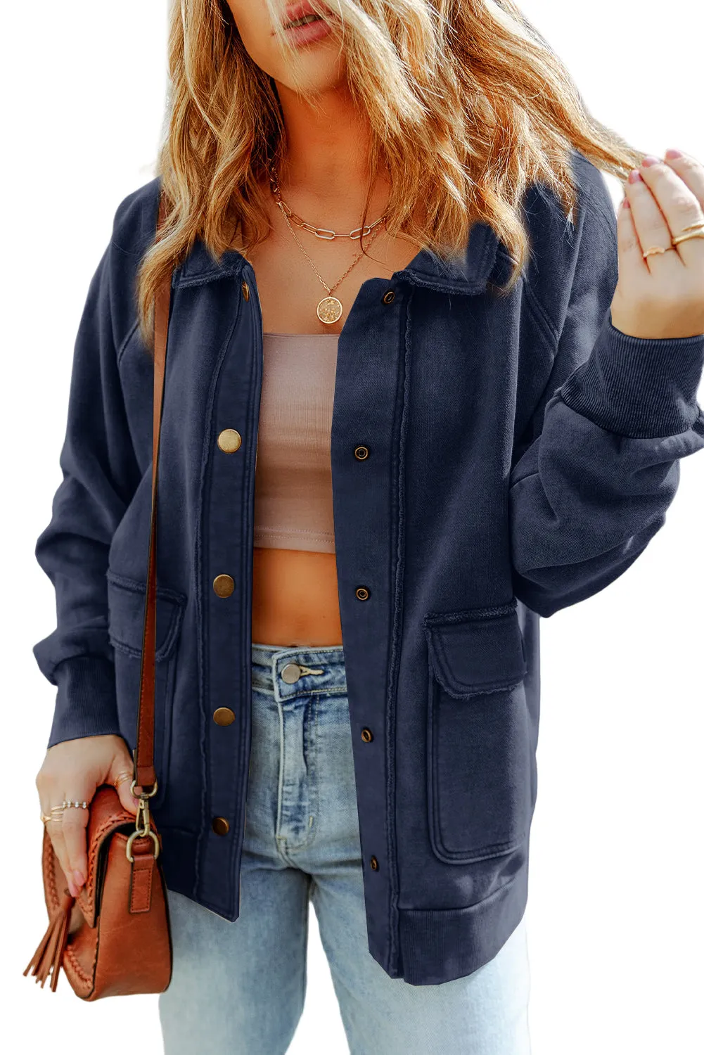 Red Vintage Washed Flap Pocket Button Shacket