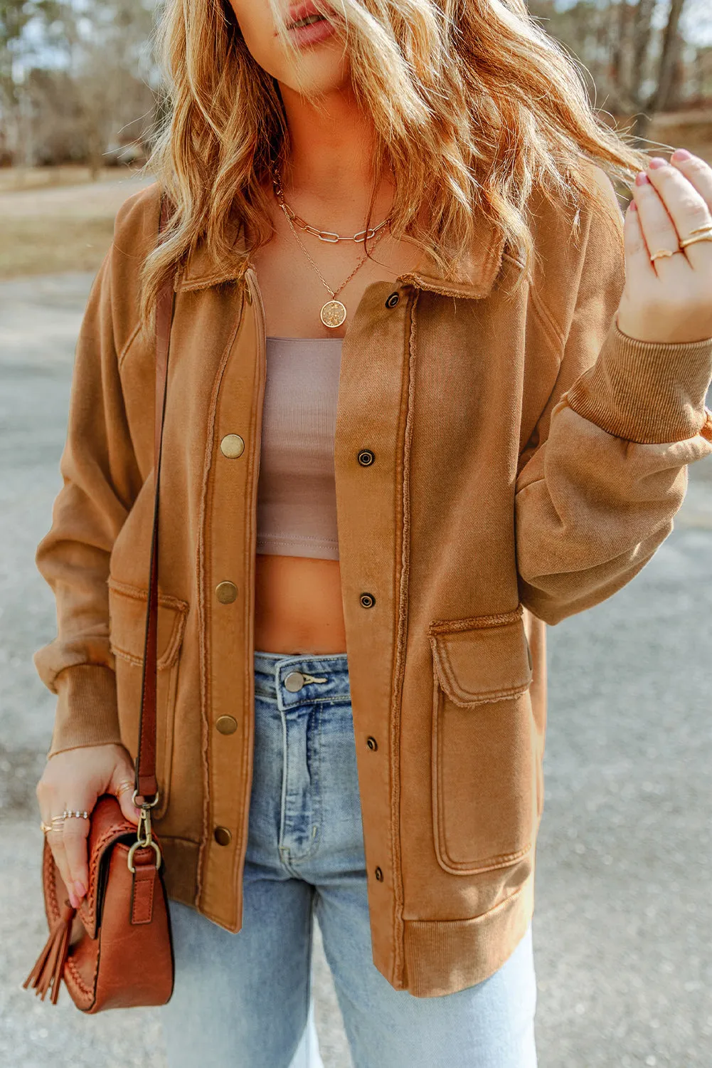 Red Vintage Washed Flap Pocket Button Shacket