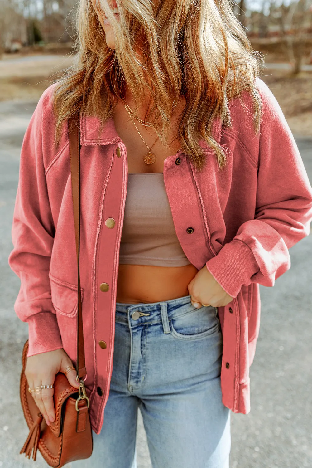 Red Vintage Washed Flap Pocket Button Shacket