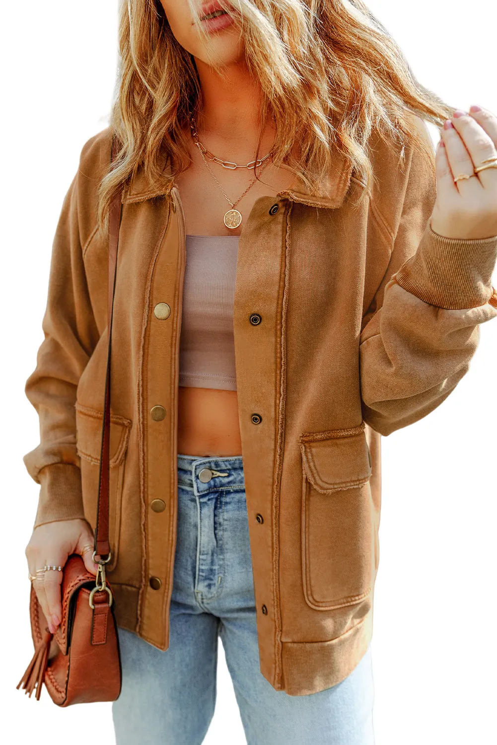 Red Vintage Washed Flap Pocket Button Shacket