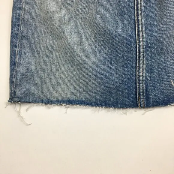 RE/DONE 5 Pocket Worksman Blue Wash Fray/Fringe Hem Logo Button Fly Denim Skirt
