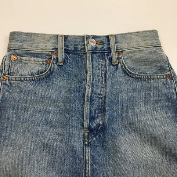 RE/DONE 5 Pocket Worksman Blue Wash Fray/Fringe Hem Logo Button Fly Denim Skirt