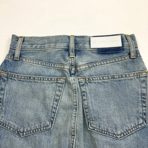 RE/DONE 5 Pocket Worksman Blue Wash Fray/Fringe Hem Logo Button Fly Denim Skirt
