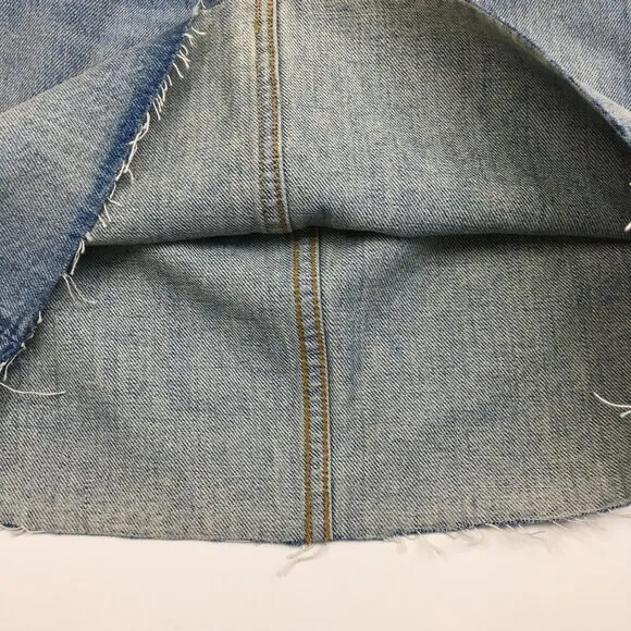 RE/DONE 5 Pocket Worksman Blue Wash Fray/Fringe Hem Logo Button Fly Denim Skirt