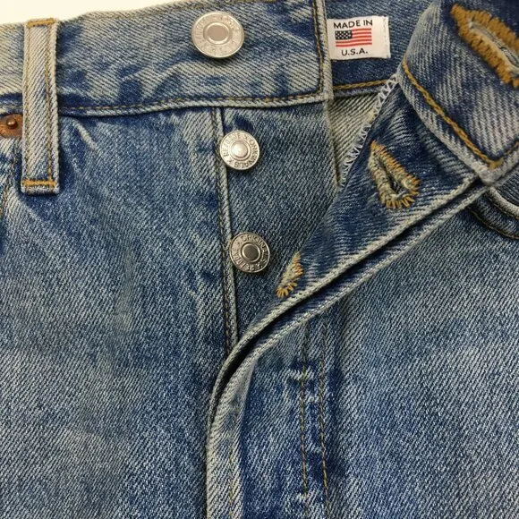 RE/DONE 5 Pocket Worksman Blue Wash Fray/Fringe Hem Logo Button Fly Denim Skirt