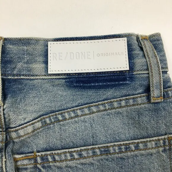 RE/DONE 5 Pocket Worksman Blue Wash Fray/Fringe Hem Logo Button Fly Denim Skirt