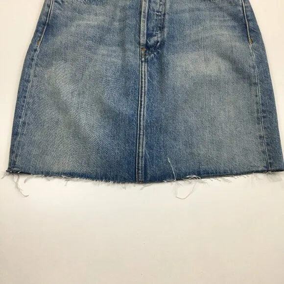 RE/DONE 5 Pocket Worksman Blue Wash Fray/Fringe Hem Logo Button Fly Denim Skirt