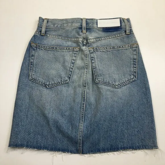 RE/DONE 5 Pocket Worksman Blue Wash Fray/Fringe Hem Logo Button Fly Denim Skirt