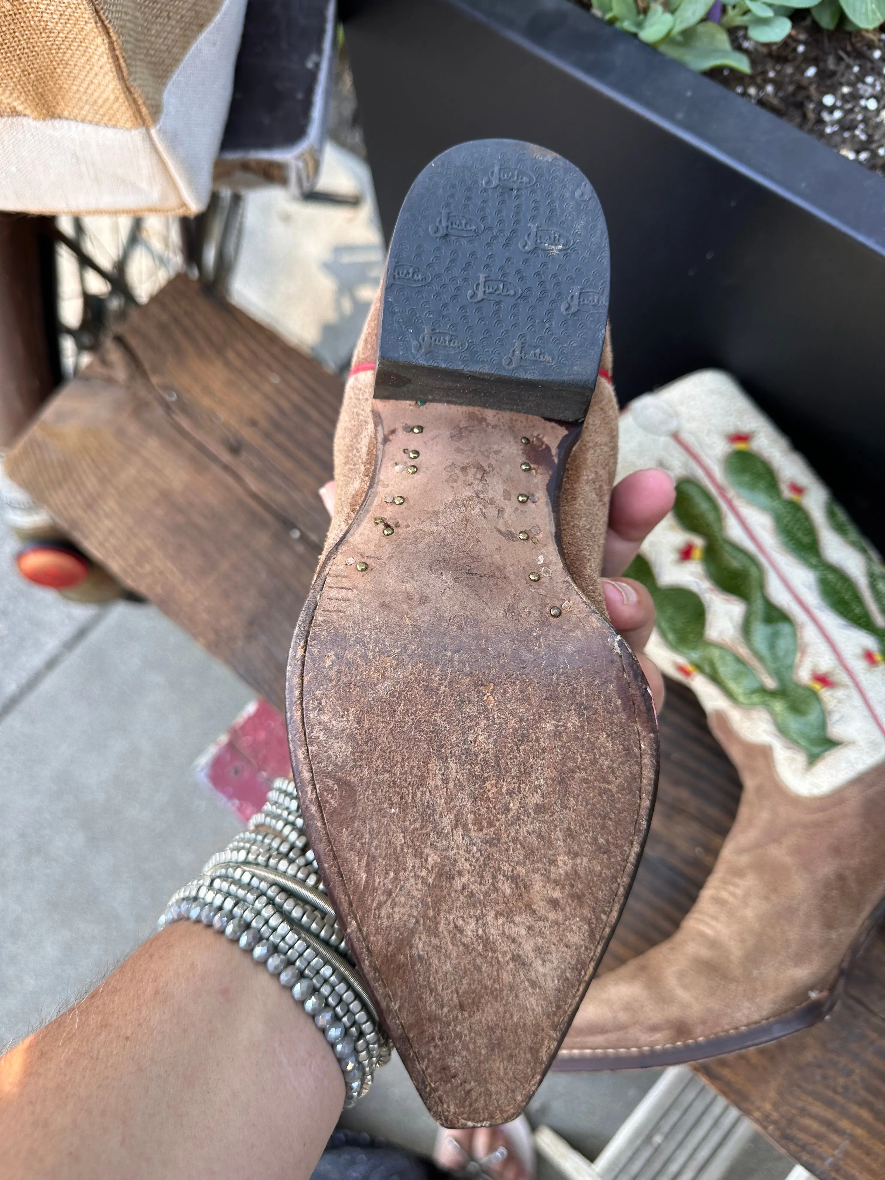 Resale Deals Justin Vintage Parchment Cactus Inlay Suede Mid calf Cowboy Western Boots Size 8B