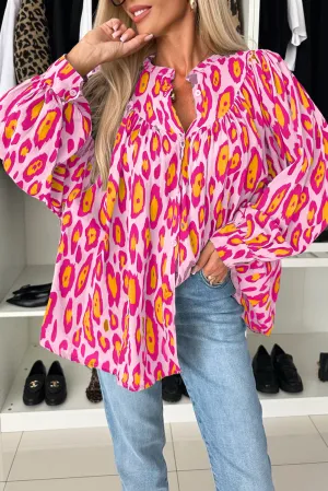 Rose Red Oversized Leopard Print Balloon Sleeve Casual Shirt