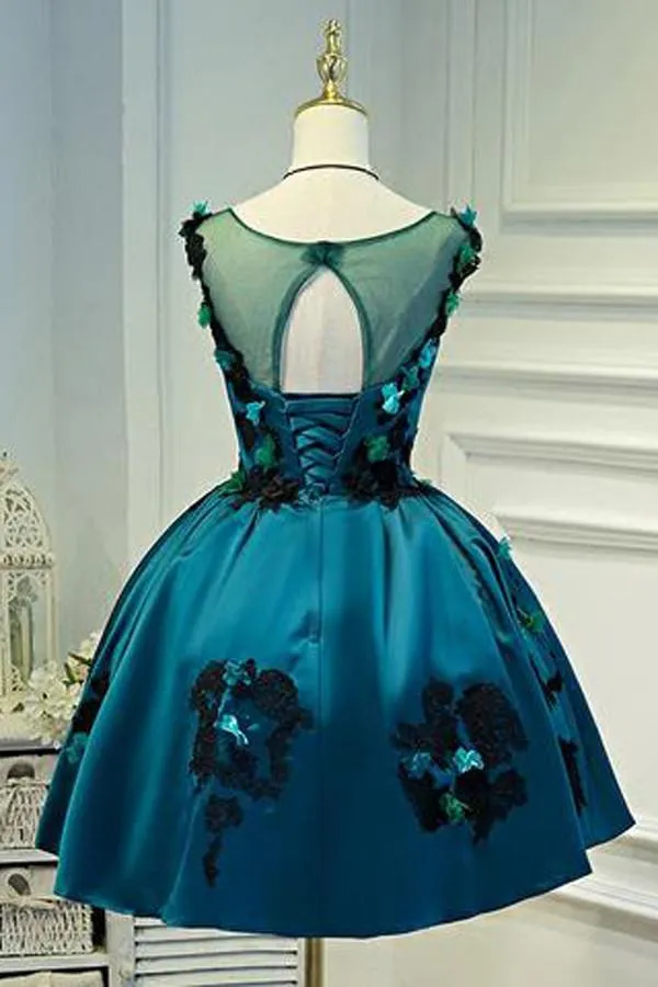 Satin Deep Green Vintage Sheer Appliques Homecoming Dresses Party Dress, MH402