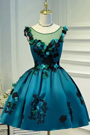 Satin Deep Green Vintage Sheer Appliques Homecoming Dresses Party Dress, MH402