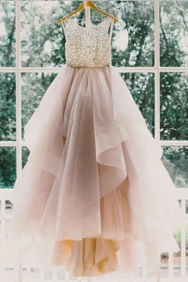 Scoop Sleeveless Tulle Prom Dress Evening Gowns with Sweep Train PG302