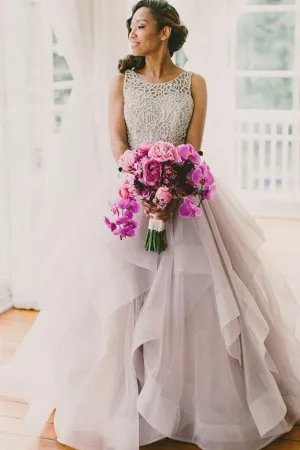 Scoop Sleeveless Tulle Prom Dress Evening Gowns with Sweep Train PG302