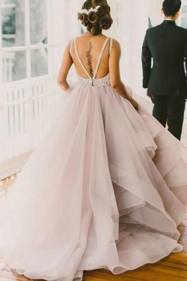 Scoop Sleeveless Tulle Prom Dress Evening Gowns with Sweep Train PG302
