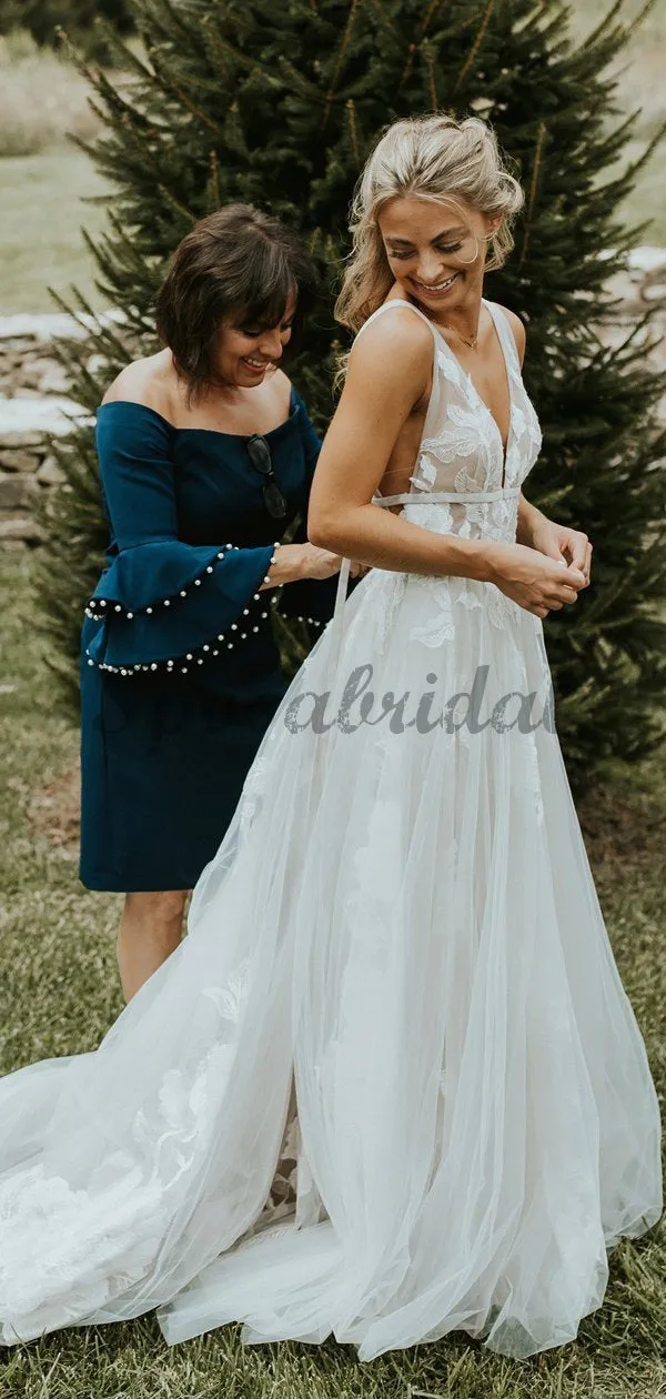 See Through Lace Ivory Tulle V-neck V-back Beach Wedding Dresses WD367