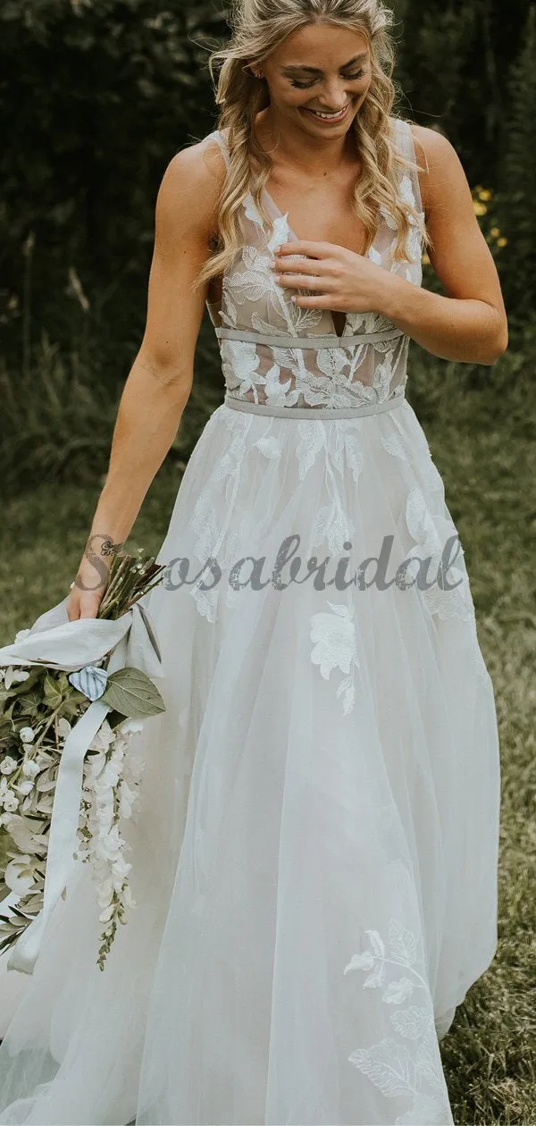 See Through Lace Ivory Tulle V-neck V-back Beach Wedding Dresses WD367