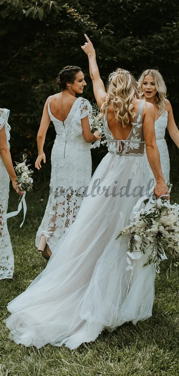 See Through Lace Ivory Tulle V-neck V-back Beach Wedding Dresses WD367