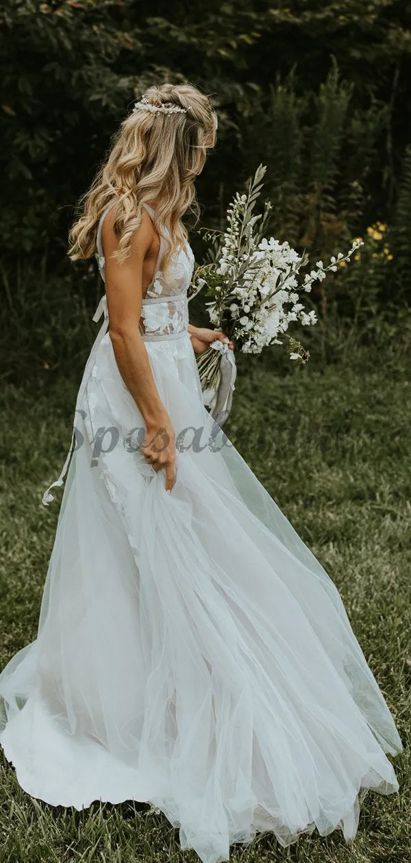 See Through Lace Ivory Tulle V-neck V-back Beach Wedding Dresses WD367