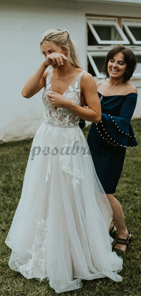 See Through Lace Ivory Tulle V-neck V-back Beach Wedding Dresses WD367