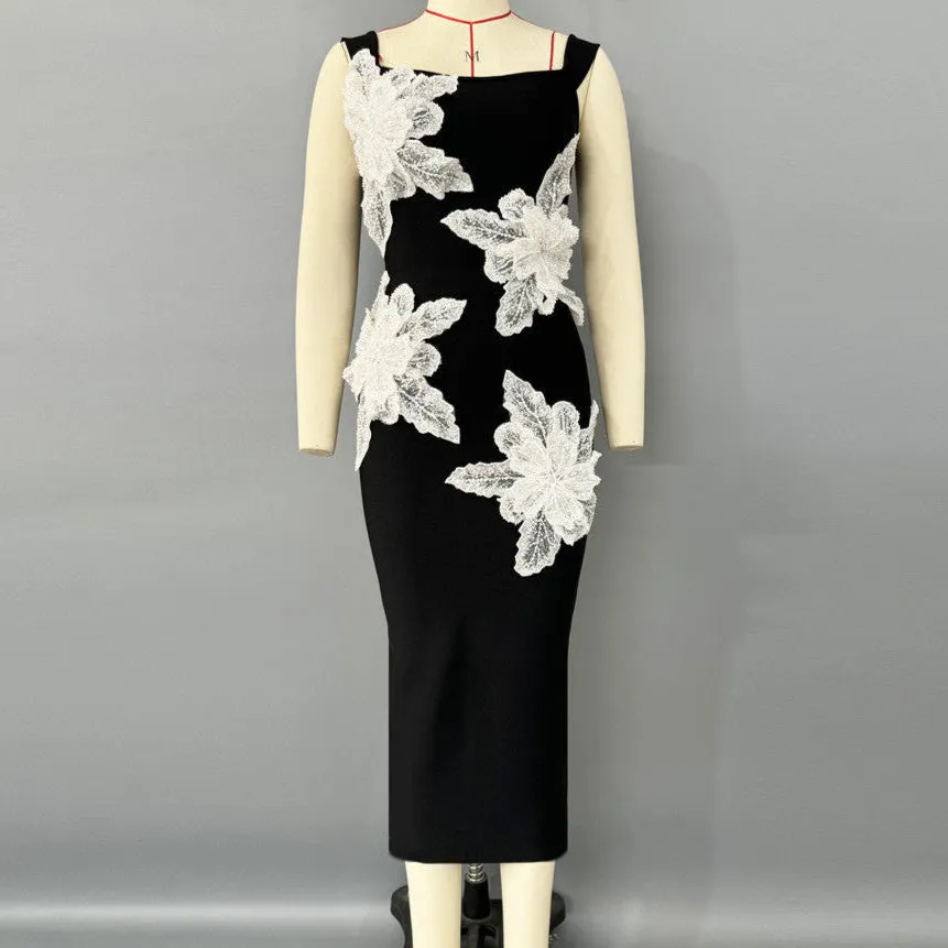 Sequin Beaded 3D Floral Bandage Party Dress