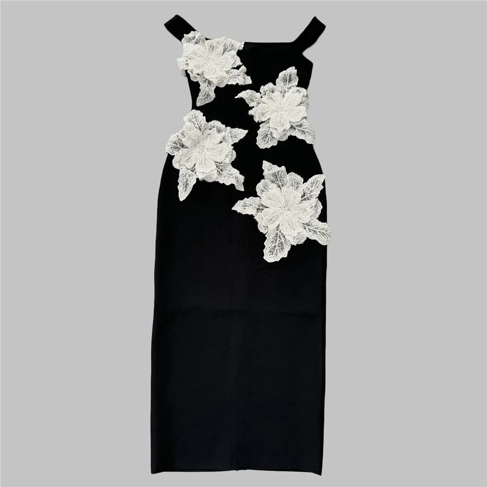 Sequin Beaded 3D Floral Bandage Party Dress