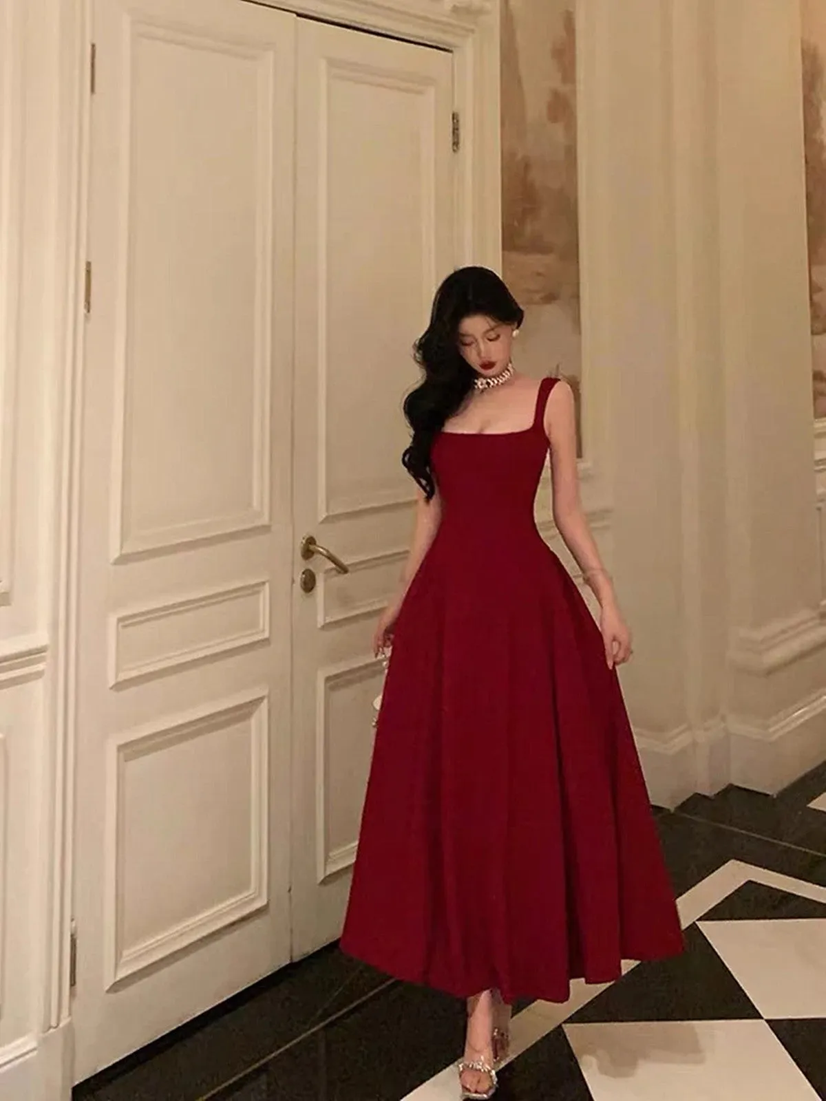 Sexy A Line Straps Wine Red Ankle Length Prom Dresses,Wine Red Formal Dress