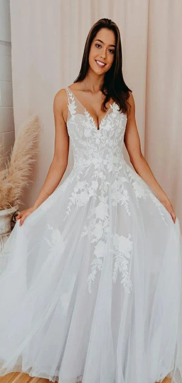 Sexy Boho A-line V-Neck Lace Long Wedding Dresses, WD0614