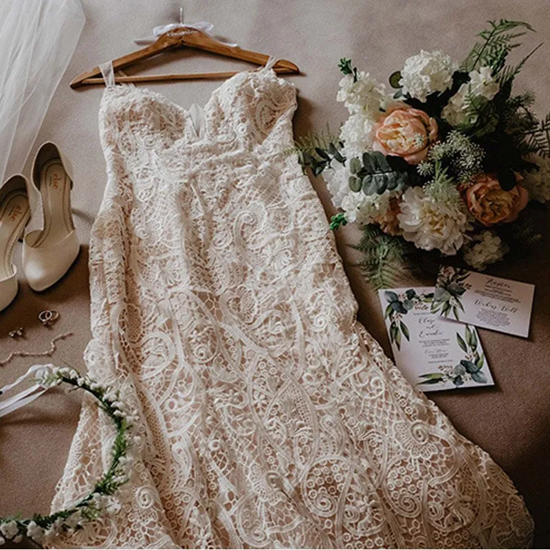 Sexy Boho Rustic Cocktail Lace Modest Long Wedding Dress, WD0583