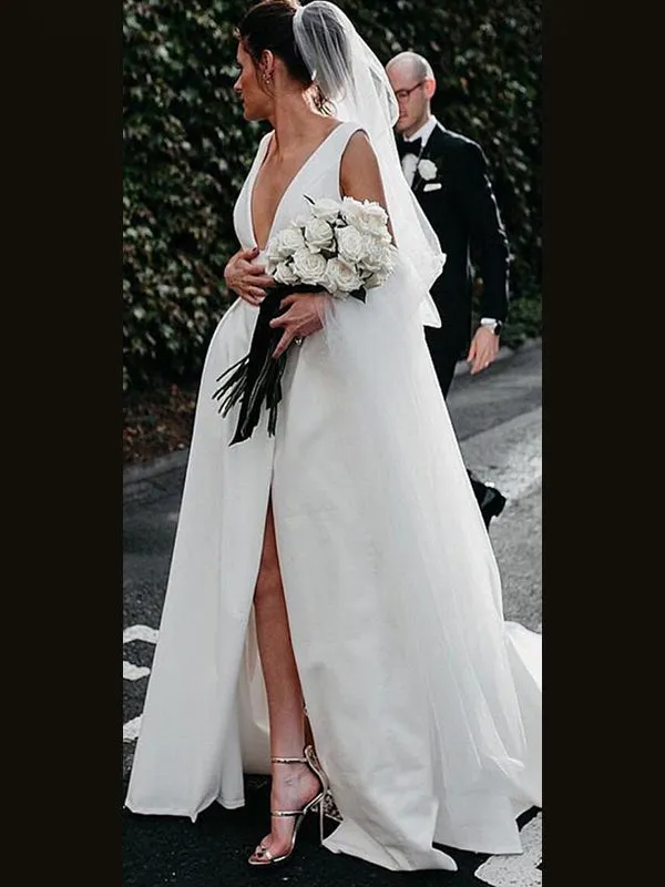 Sexy Deep V-neck A-line Simple Cheap Long Ivory Wedding Dresses, WD0564