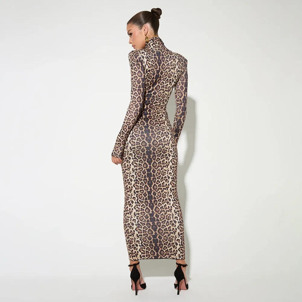 Sexy Leopard Print Half Turtleneck Long Sleeve Formal Dress