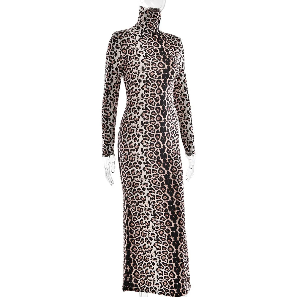 Sexy Leopard Print Half Turtleneck Long Sleeve Formal Dress