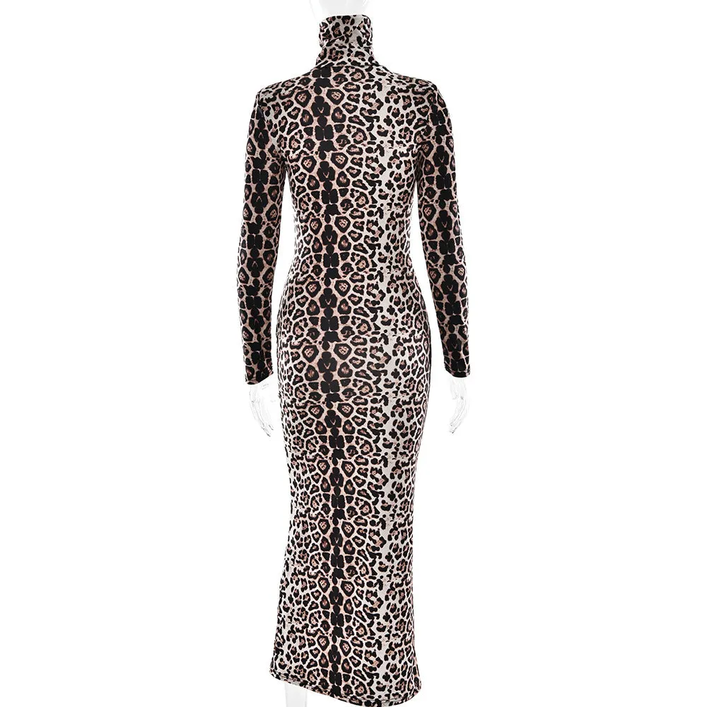 Sexy Leopard Print Half Turtleneck Long Sleeve Formal Dress