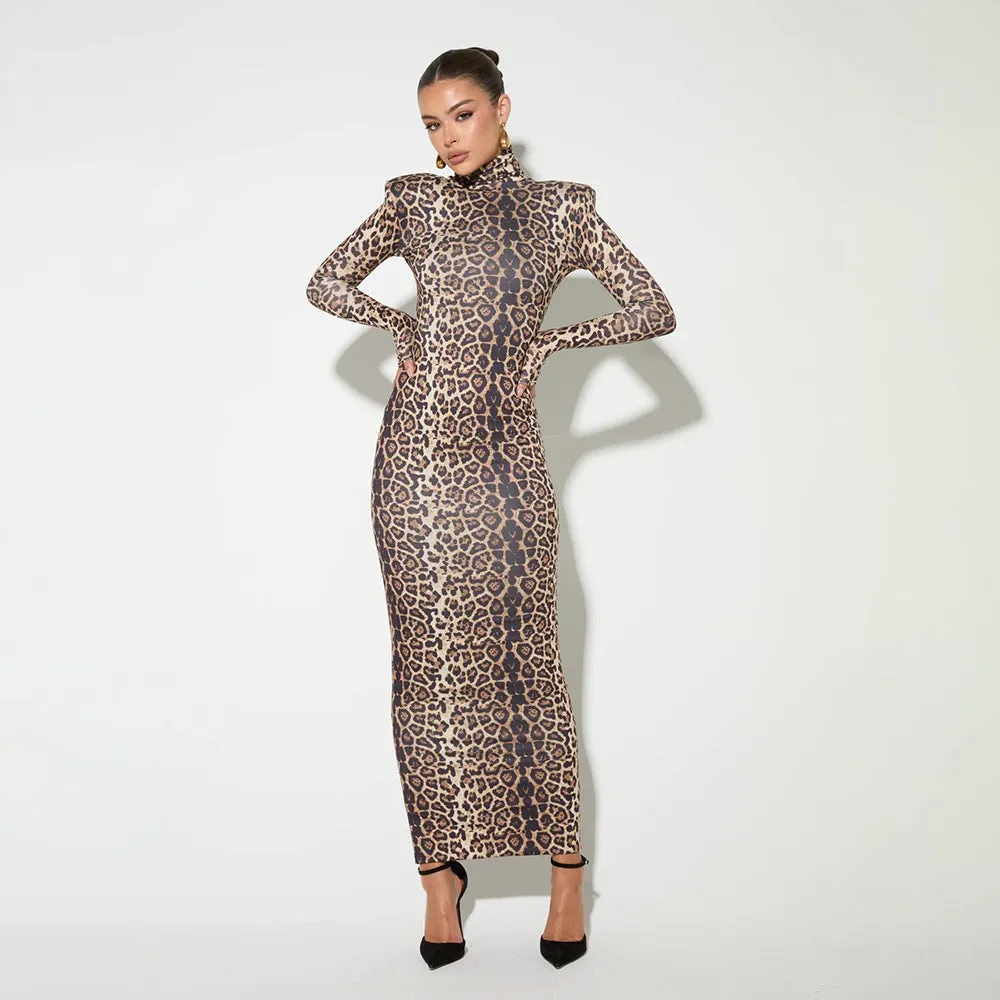Sexy Leopard Print Half Turtleneck Long Sleeve Formal Dress