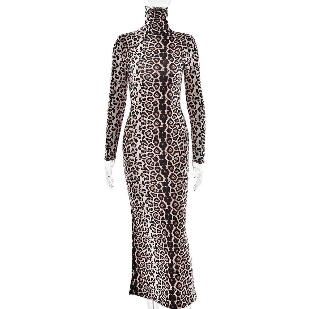 Sexy Leopard Print Half Turtleneck Long Sleeve Formal Dress