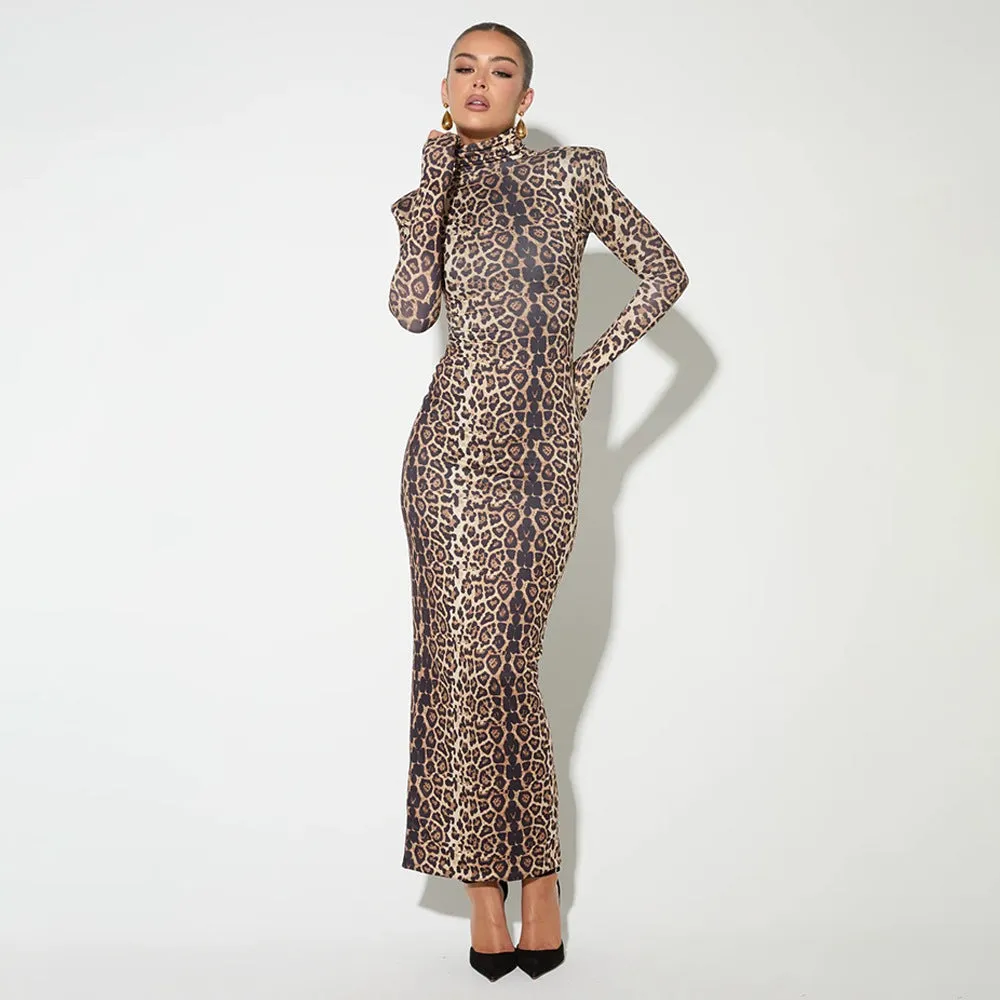 Sexy Leopard Print Half Turtleneck Long Sleeve Formal Dress