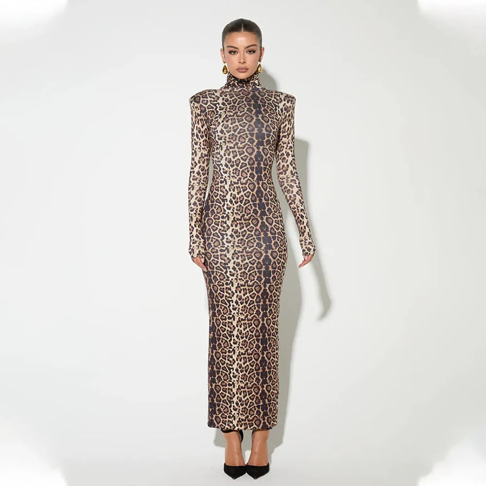 Sexy Leopard Print Half Turtleneck Long Sleeve Formal Dress