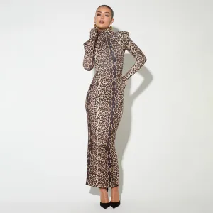 Sexy Leopard Print Half Turtleneck Long Sleeve Formal Dress