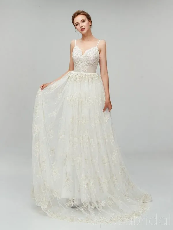 Sexy Long A-line Spaghetti Strap Backless Lace Wedding Dress, WD0046